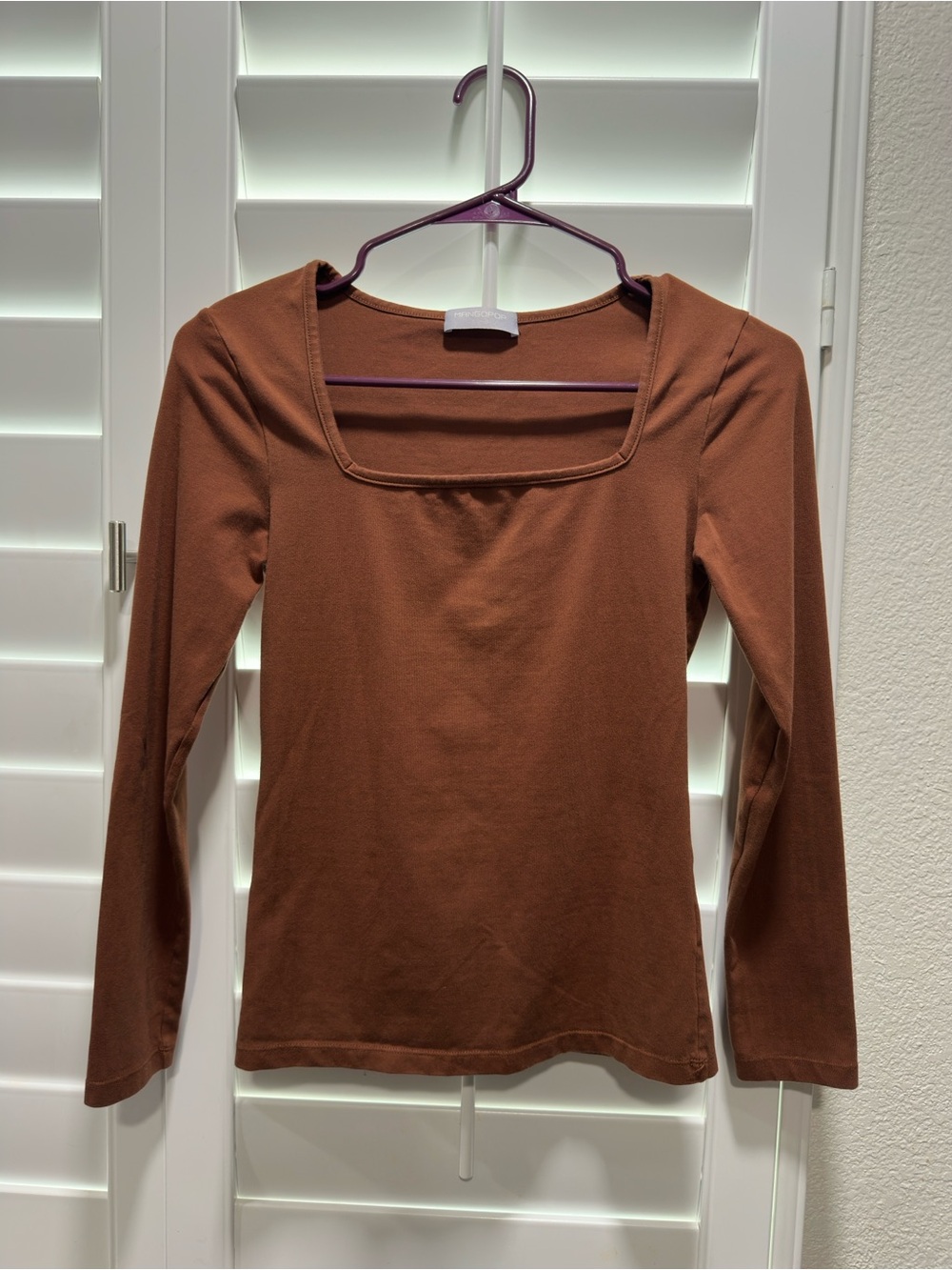 Mango Rust Brown Square Neck Long Sleeve Top